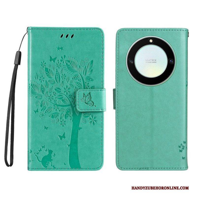 Flip Case Für Honor Magic 5 Lite Mit Kordel Baum Und Riemchenkatze