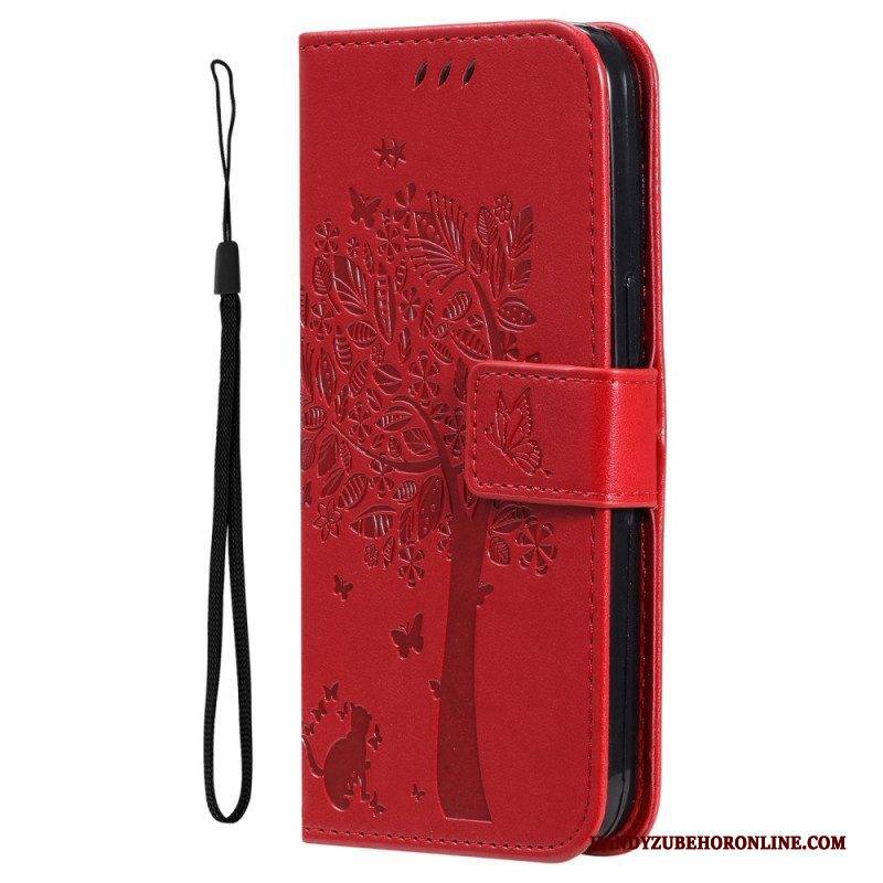 Flip Case Für Honor Magic 5 Lite Mit Kordel Baum Und Riemchenkatze