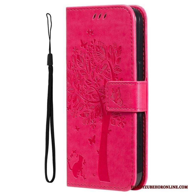 Flip Case Für Honor Magic 5 Lite Mit Kordel Baum Und Riemchenkatze