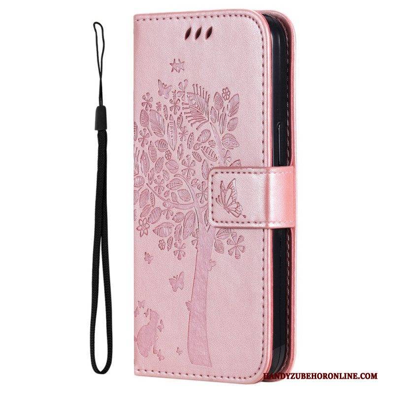 Flip Case Für Honor Magic 5 Lite Mit Kordel Baum Und Riemchenkatze
