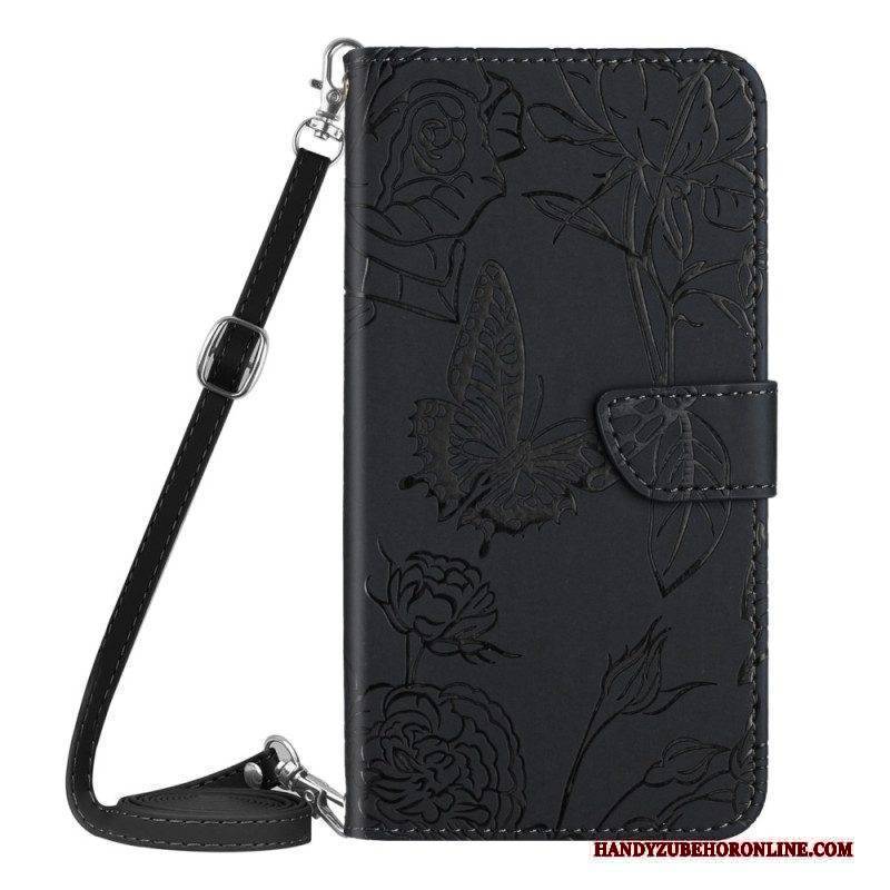 Flip Case Für Huawei P60 Pro Schmetterlinge Mit Schultergurt