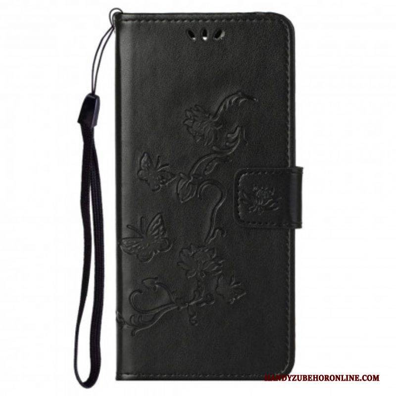 Flip Case Für Motorola Edge 20 Pro Mit Kordel Schmetterlings- Und Blumenarmband