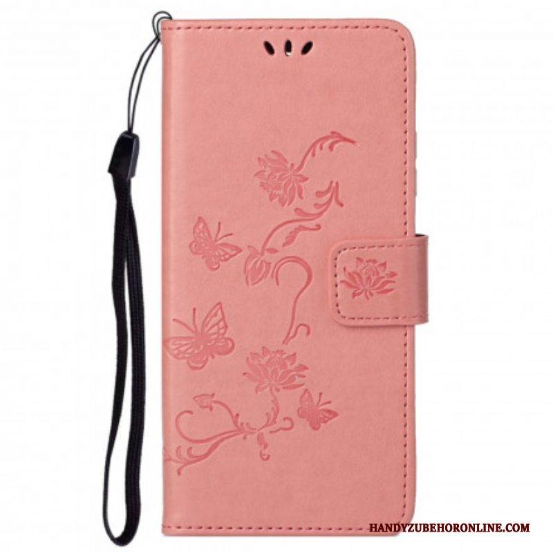 Flip Case Für Motorola Edge 20 Pro Mit Kordel Schmetterlings- Und Blumenarmband