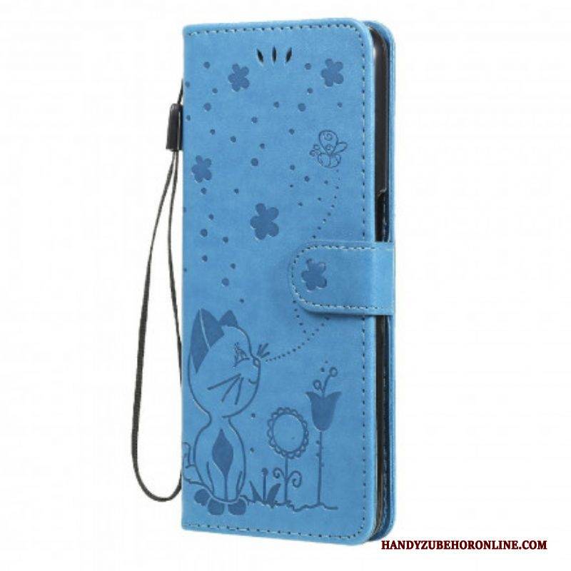 Flip Case Für Oppo A54 5G / A74 5G Mit Kordel Katze Und Biene Mit Schlüsselband