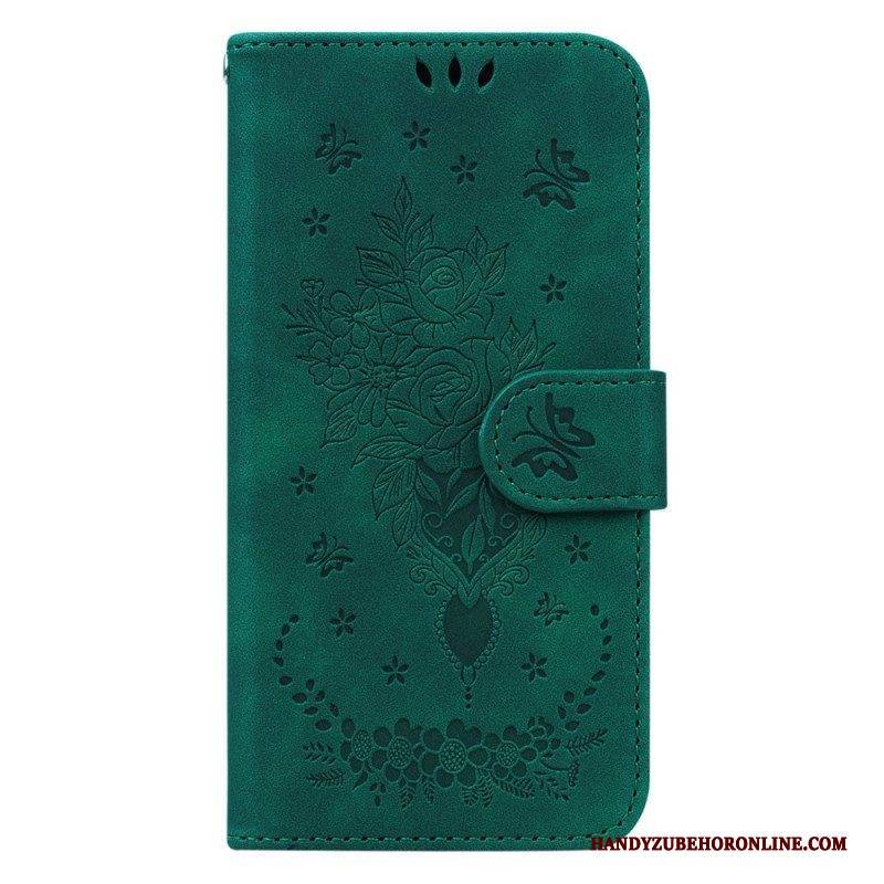 Flip Case Für Poco X5 5G Mit Kordel Riemchenrosen Und Schmetterlinge