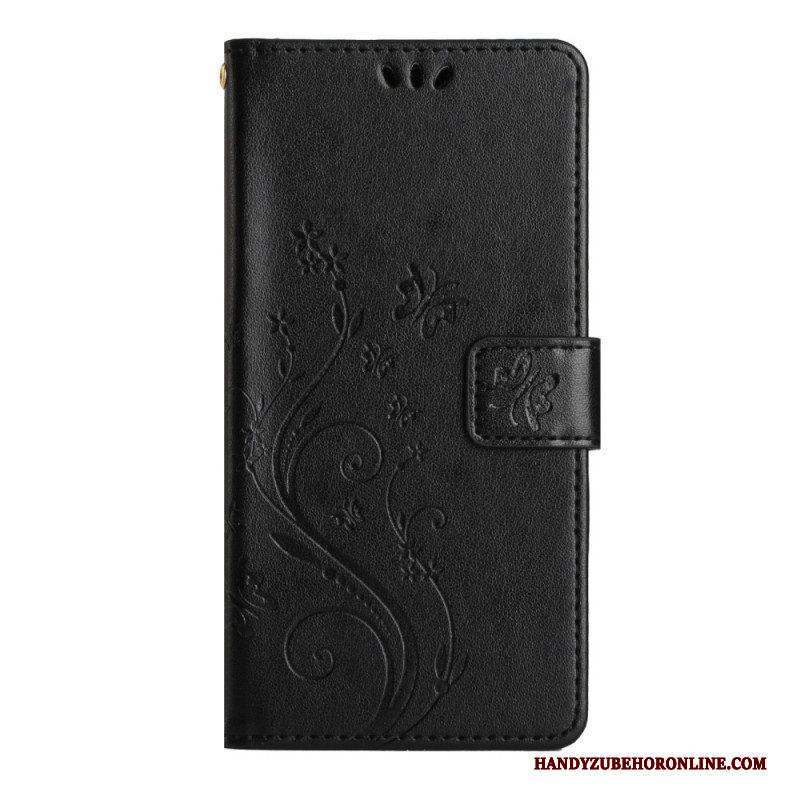 Flip Case Für Samsung Galaxy A54 5G Mit Kordel Blumen Und Schmetterlinge Mit Riemen