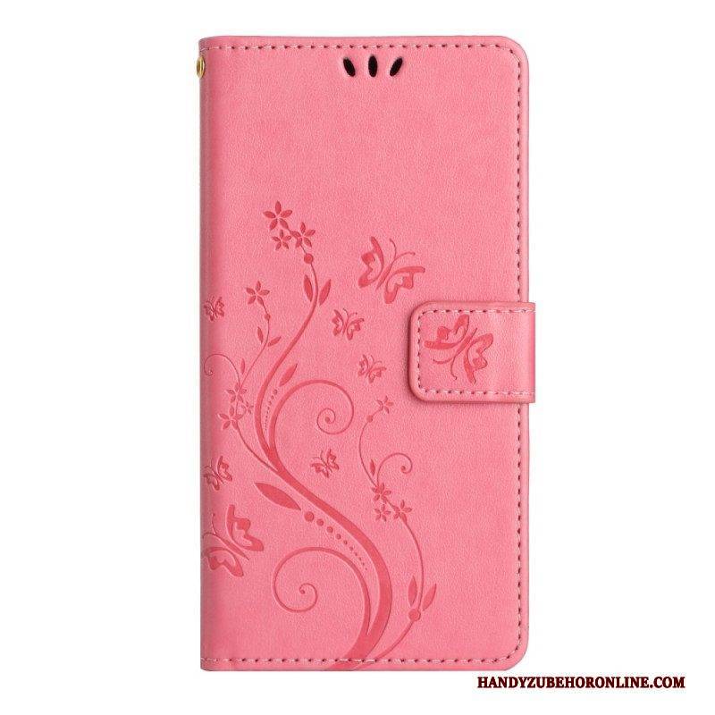 Flip Case Für Samsung Galaxy A54 5G Mit Kordel Blumen Und Schmetterlinge Mit Riemen