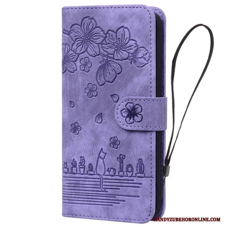 Flip Case Für Samsung Galaxy A54 5G Mit Kordel Blumen-tanga-katze
