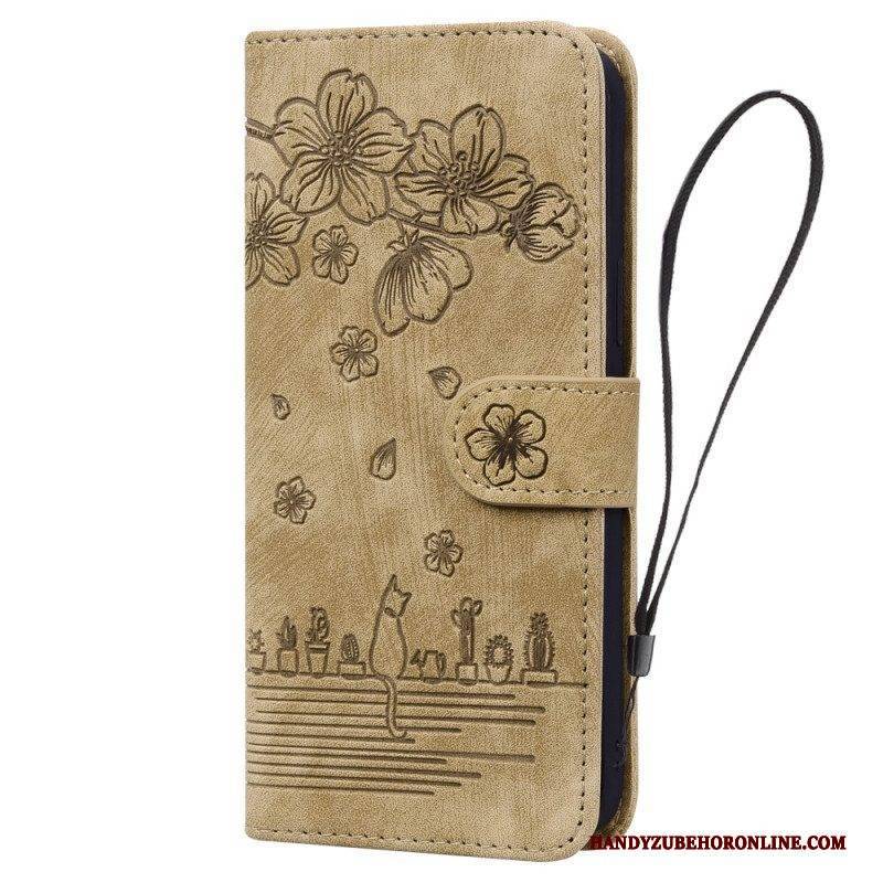 Flip Case Für Samsung Galaxy A54 5G Mit Kordel Blumen-tanga-katze