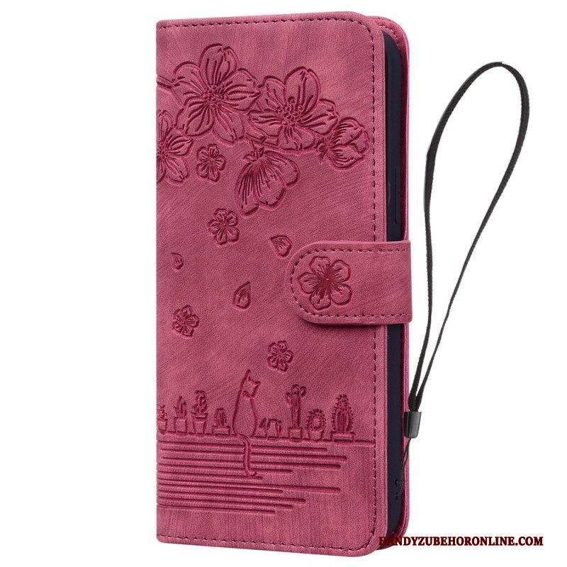 Flip Case Für Samsung Galaxy A54 5G Mit Kordel Blumen-tanga-katze