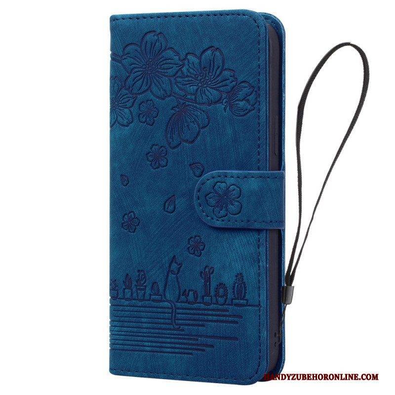 Flip Case Für Samsung Galaxy A54 5G Mit Kordel Blumen-tanga-katze