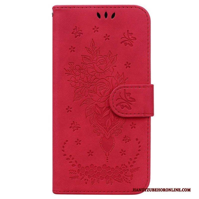 Flip Case Für Samsung Galaxy M13 Mit Kordel Riemchenrosen Und Schmetterlinge
