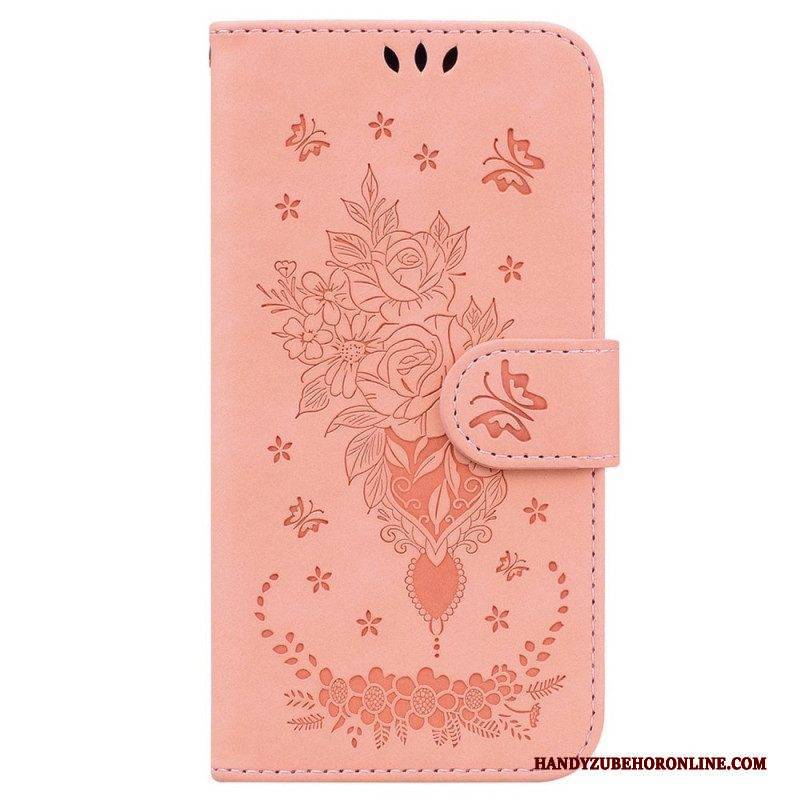 Flip Case Für Samsung Galaxy M13 Mit Kordel Riemchenrosen Und Schmetterlinge