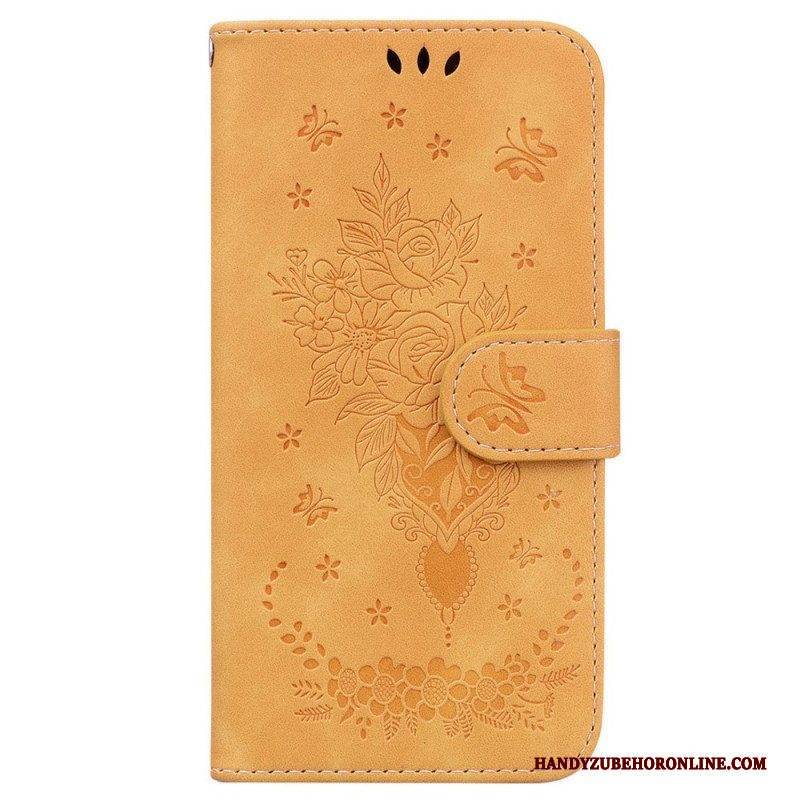 Flip Case Für Samsung Galaxy M13 Mit Kordel Riemchenrosen Und Schmetterlinge