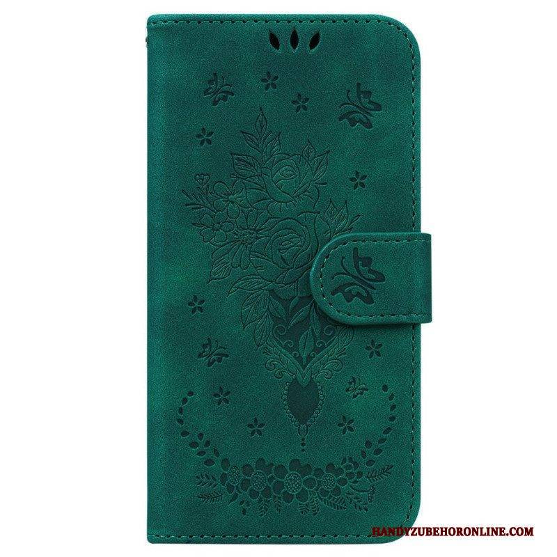 Flip Case Für Samsung Galaxy M13 Mit Kordel Riemchenrosen Und Schmetterlinge