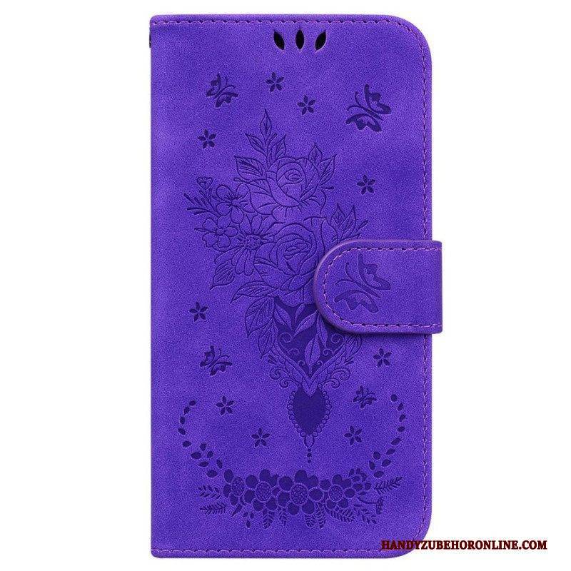 Flip Case Für Samsung Galaxy M13 Mit Kordel Riemchenrosen Und Schmetterlinge