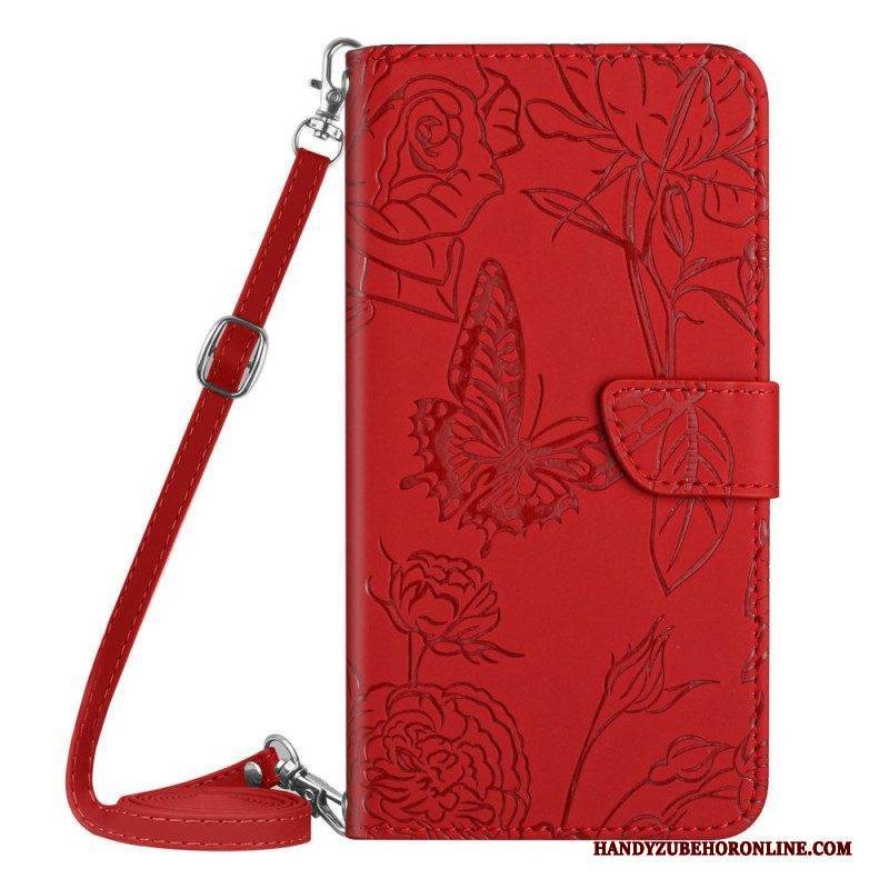 Flip Case Für Samsung Galaxy M13 Schmetterlinge Und Schultergurt