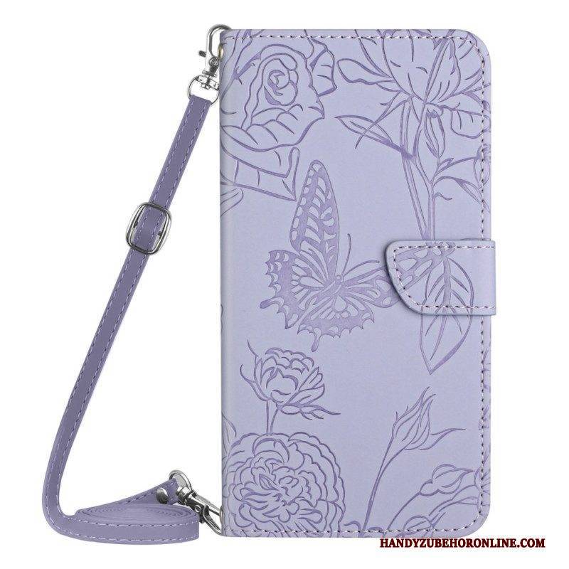 Flip Case Für Samsung Galaxy M13 Schmetterlinge Und Schultergurt