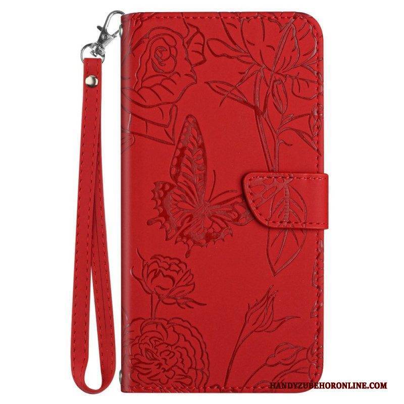 Flip Case Für Samsung Galaxy M23 5G Diskrete Schmetterlinge Und Schlüsselband