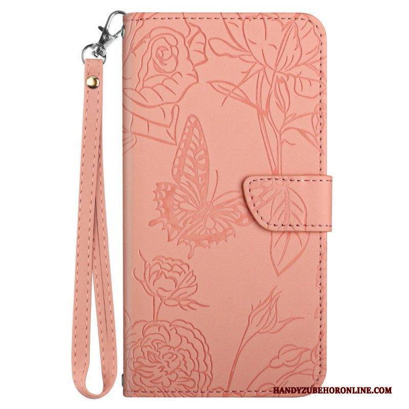 Flip Case Für Samsung Galaxy M23 5G Diskrete Schmetterlinge Und Schlüsselband