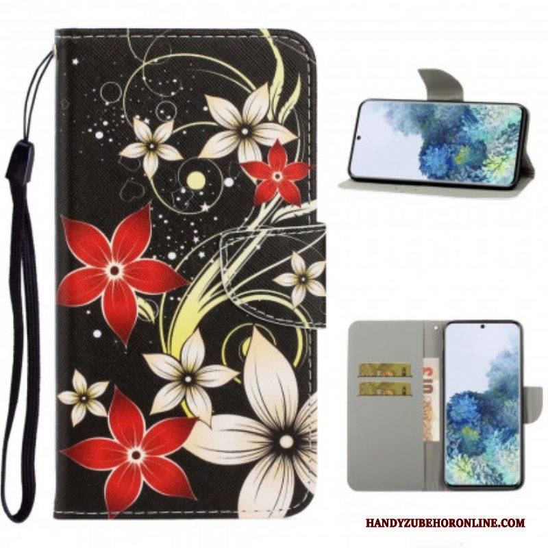 Flip Case Für Samsung Galaxy S21 Ultra 5G Mit Kordel Bunte Riemchenblumen