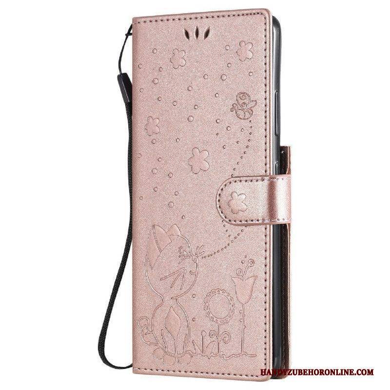 Flip Case Für Samsung Galaxy S21 Ultra 5G Mit Kordel Katze Und Biene Mit Schlüsselband