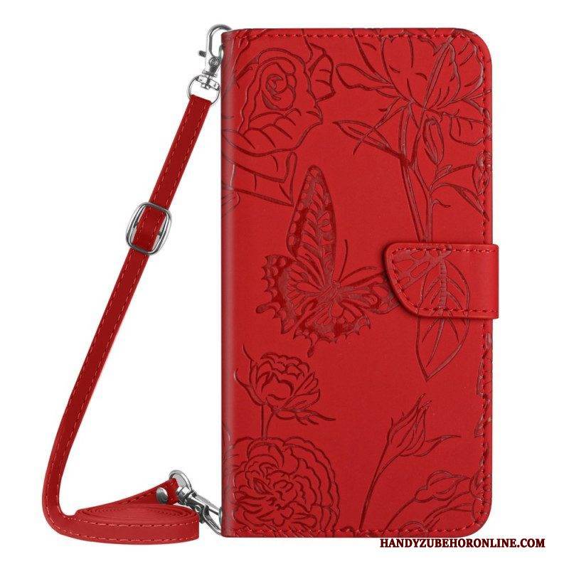 Flip Case Für Xiaomi Redmi Note 12 5G Schmetterlinge Und Schultergurt