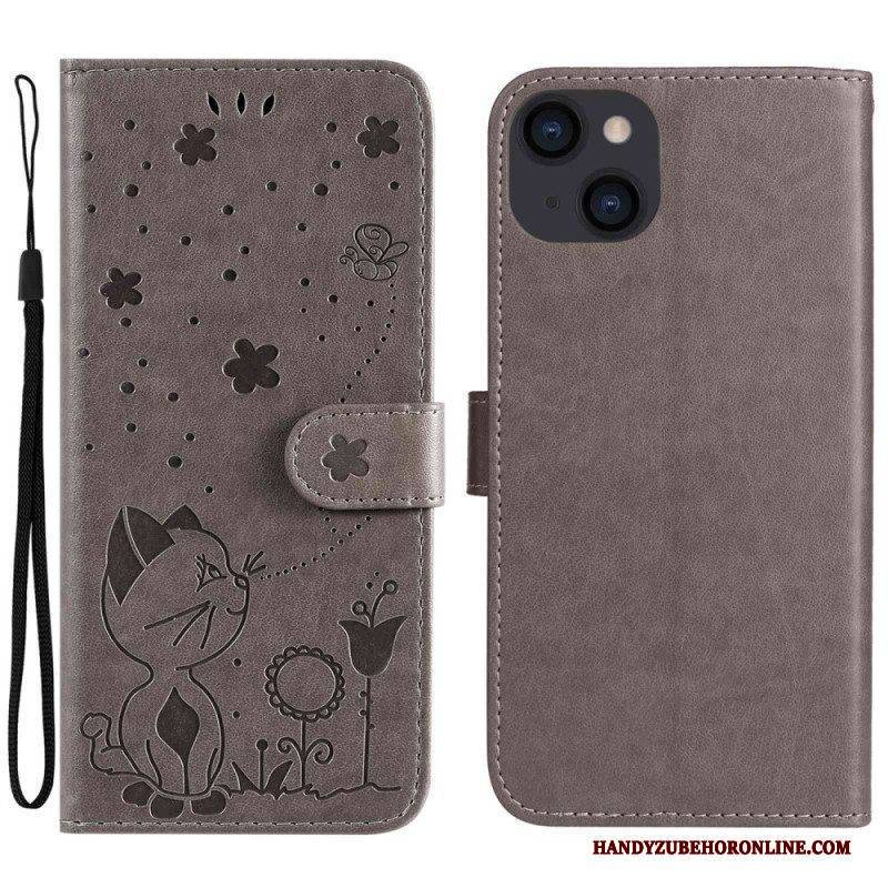 Flip Case Für iPhone 14 Plus Mit Kordel Katze Und Biene Mit Schlüsselband