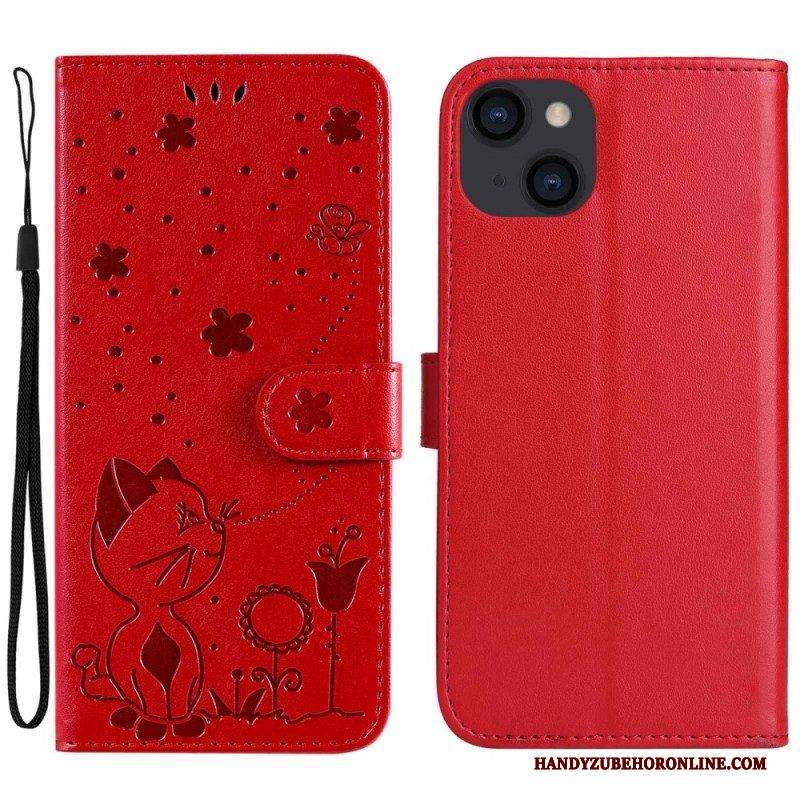 Flip Case Für iPhone 14 Plus Mit Kordel Katze Und Biene Mit Schlüsselband
