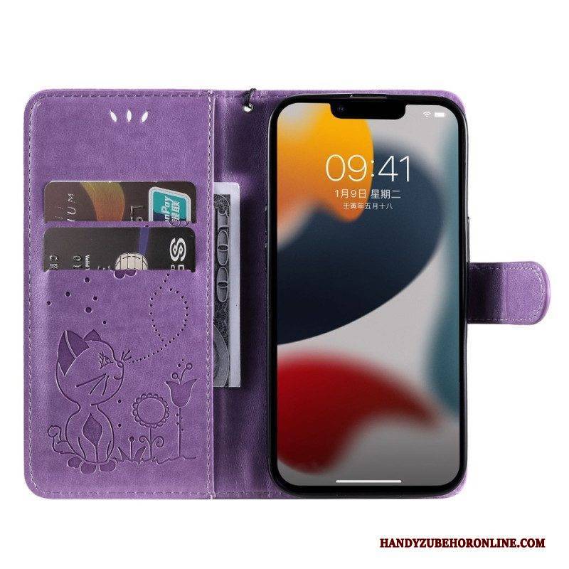 Flip Case Für iPhone 14 Plus Mit Kordel Katze Und Biene Mit Schlüsselband