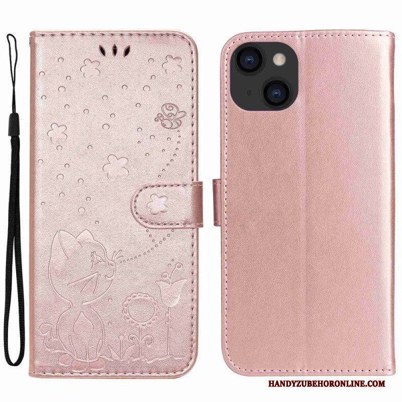 Flip Case Für iPhone 14 Plus Mit Kordel Katze Und Biene Mit Schlüsselband