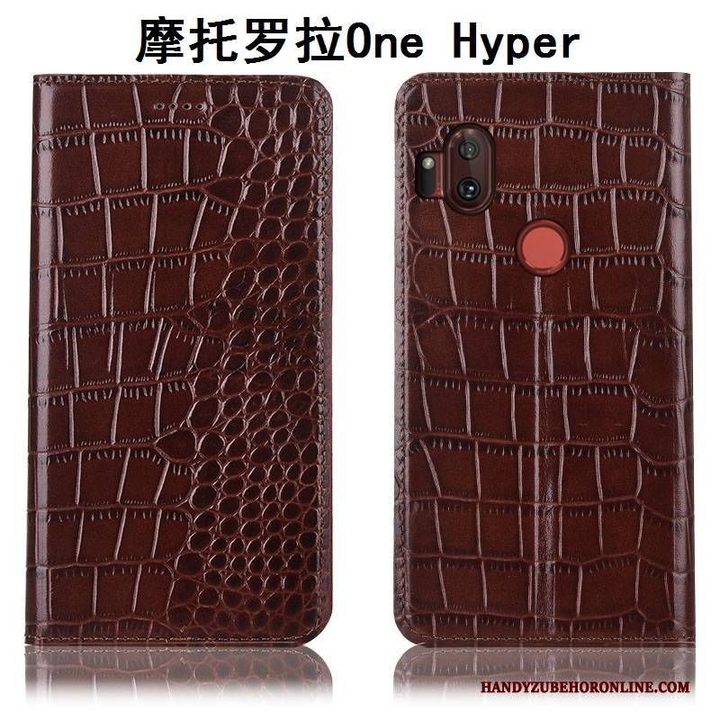 Hülle Motorola One Hyper Lederhülle Handyhüllen Krokodilmuster, Case Motorola One Hyper Schutz Braun Anti-sturz