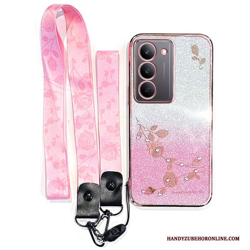 Hülle Realme 14x 5g Handyhülle Kadem Blumen Und Strasssteine Mit Lanyard