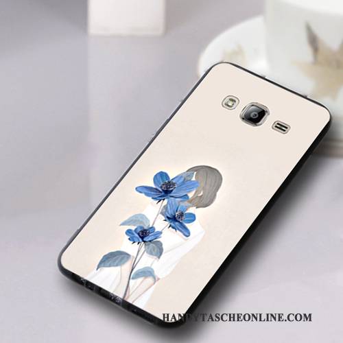 Hülle Samsung Galaxy J3 2016 Karikatur Dunkelblau Nubuck, Case Samsung Galaxy J3 2016 Taschen Anti-sturz Handyhüllen
