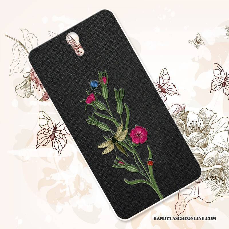 Hülle Sony Xperia C5 Ultra Dual Retro Schwarz Stickerei, Case Sony Xperia C5 Ultra Dual Luxus Handyhüllen Schwer