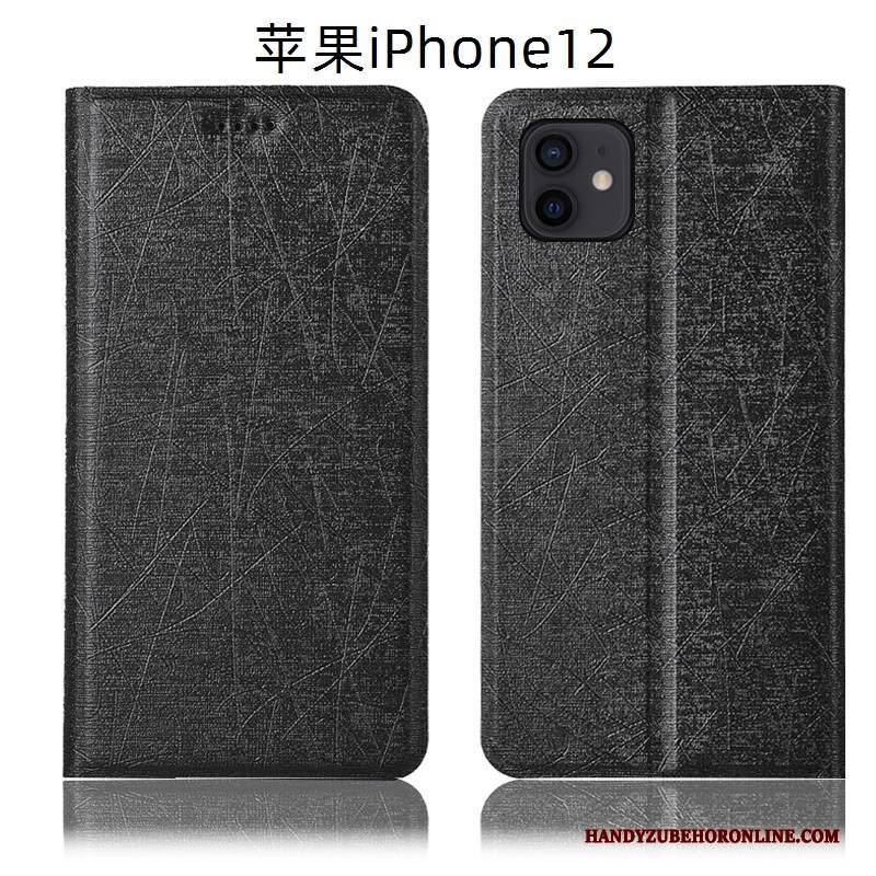 Hülle iPhone 12 Taschen Seide Schwarz, Case iPhone 12 Lederhülle Handyhüllen Muster