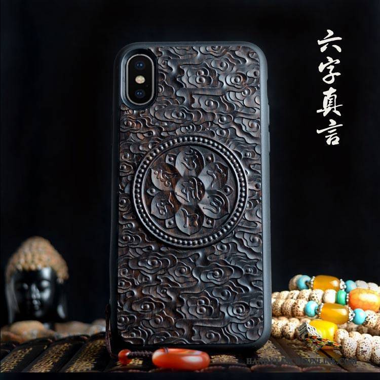 Hülle iPhone X Kreativ Schwarz Persönlichkeit, Case iPhone X Aus Holz Ethnisch Wind