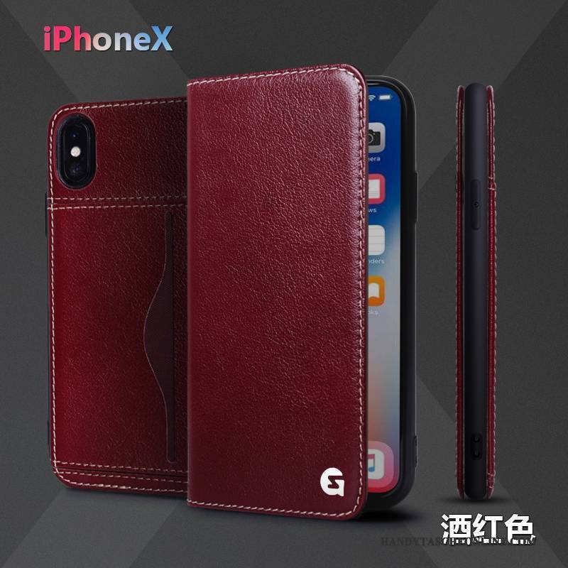 Hülle iPhone X Lederhülle Business Weinrot, Case iPhone X Leder Anti-sturz Handyhüllen
