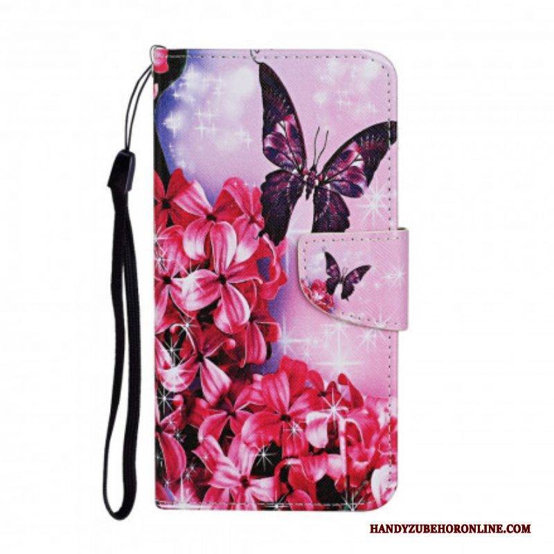Lederhüllen Für Samsung Galaxy A52 4G / A52 5G / A52s 5G Schmetterlinge Blumen-lanyard
