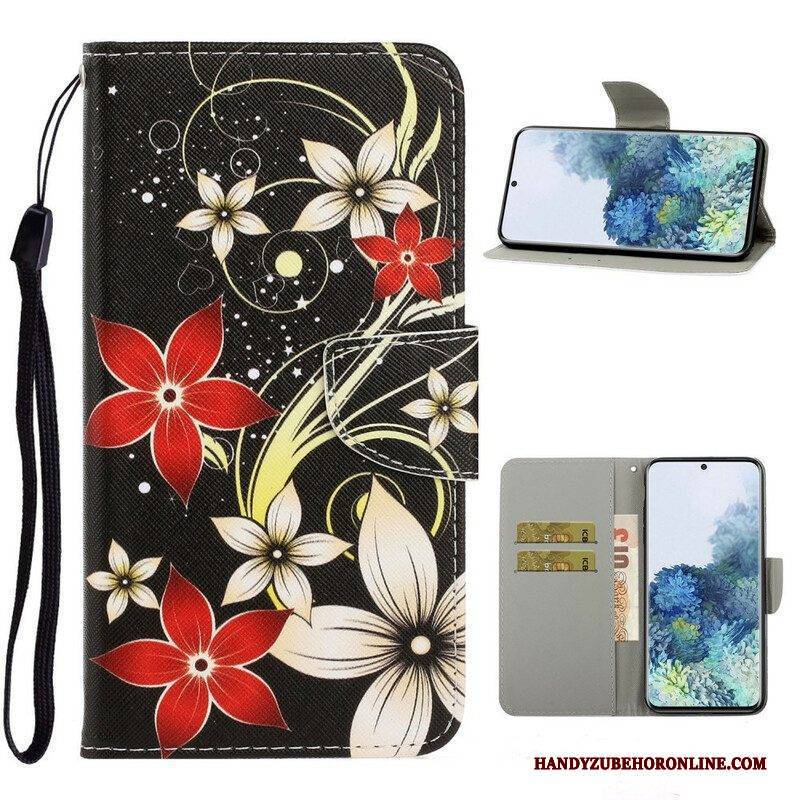 Lederhüllen Für Samsung Galaxy S21 5G Mit Kordel Bunte Riemchenblumen
