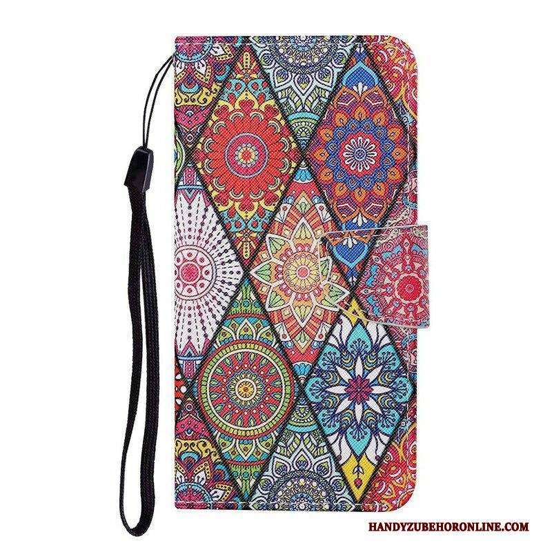 Lederhüllen Für Samsung Galaxy S21 FE Patchwork Mit Schlüsselband