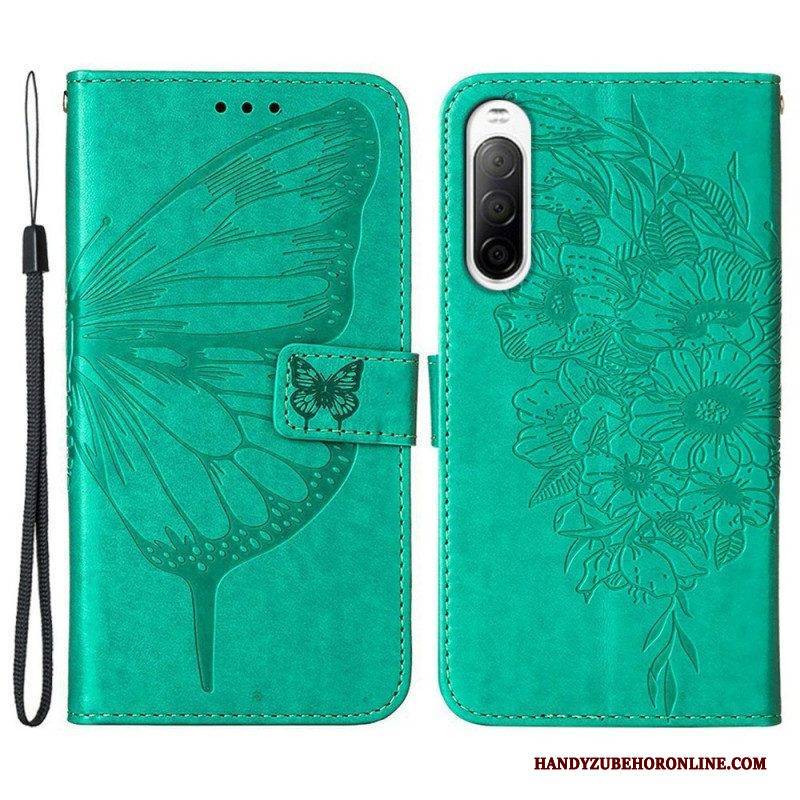Lederhüllen Für Sony Xperia 10 IV Schmetterling Mit Schlüsselband
