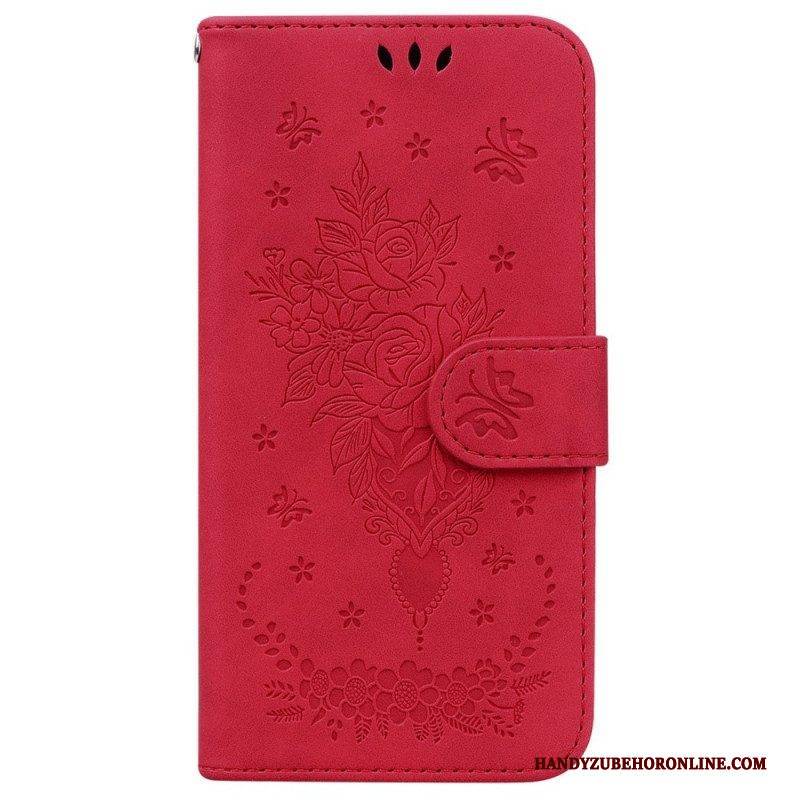 Lederhüllen Für Xiaomi 12 / 12X Mit Kordel Riemchenrosen Und Schmetterlinge