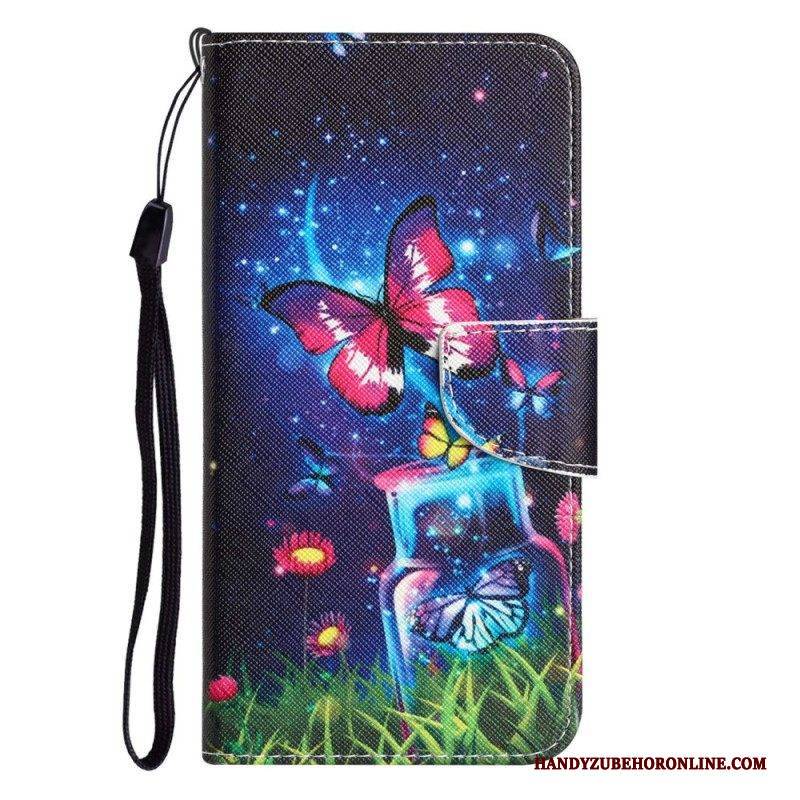 Lederhüllen Für Xiaomi 12T / 12T Pro Leuchtende Schmetterlinge Mit Schlüsselband