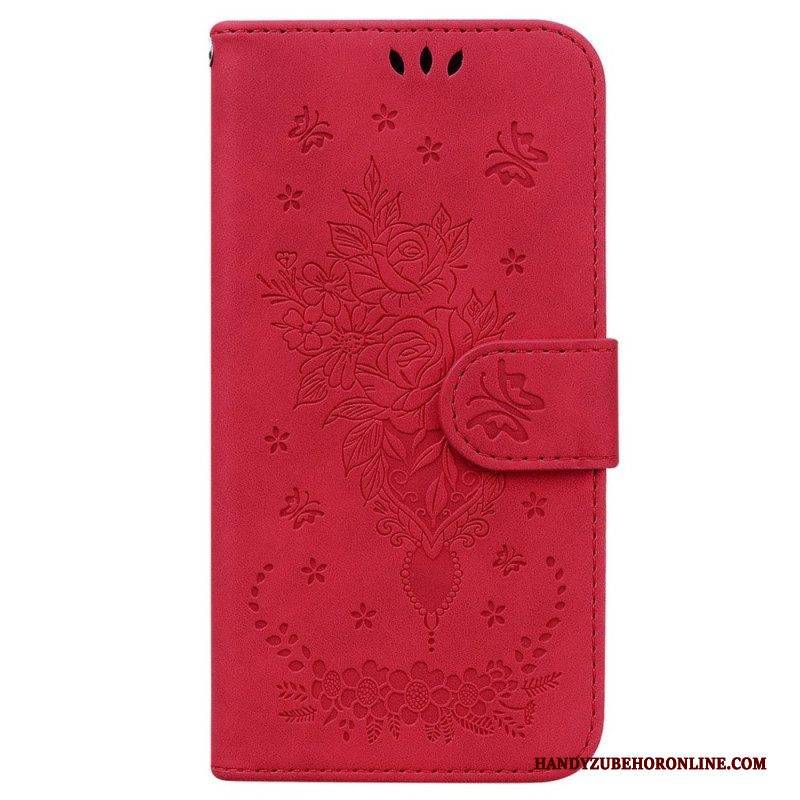 Lederhüllen Für Xiaomi 13 Mit Kordel Riemchenrosen Und Schmetterlinge
