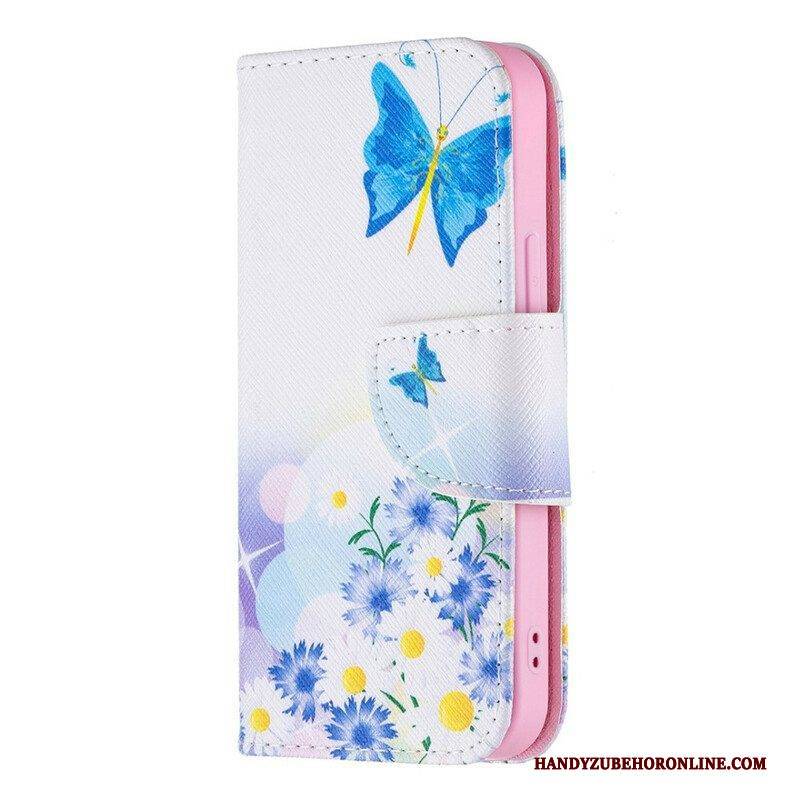 Lederhüllen Für iPhone 13 Mini Bemalte Schmetterlinge Und Blumen