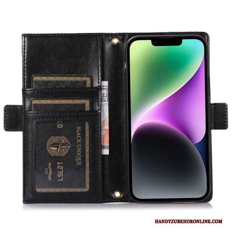 Lederhüllen Für iPhone 14 Plus Mit Kordel Litschi-leder Mit Riemen Und Reißverschluss