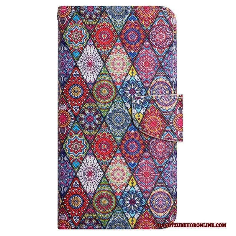 Lederhüllen Für iPhone 15 Mit Kordel Hübsches Patchwork Mit Riemen