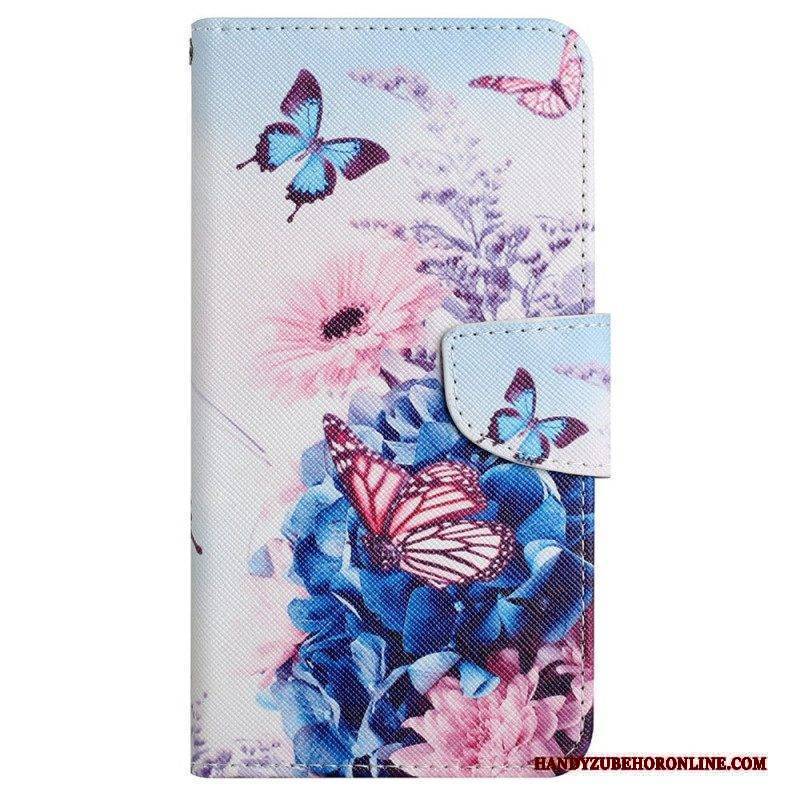 Lederhüllen Für iPhone 15 Mit Kordel Schmetterlinge Und Blumen Mit Riemen