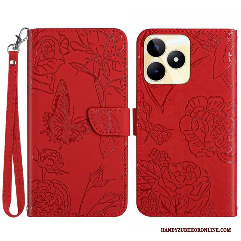 Lederhüllen Realme C53 Riemen Mit Schmetterlingsmuster